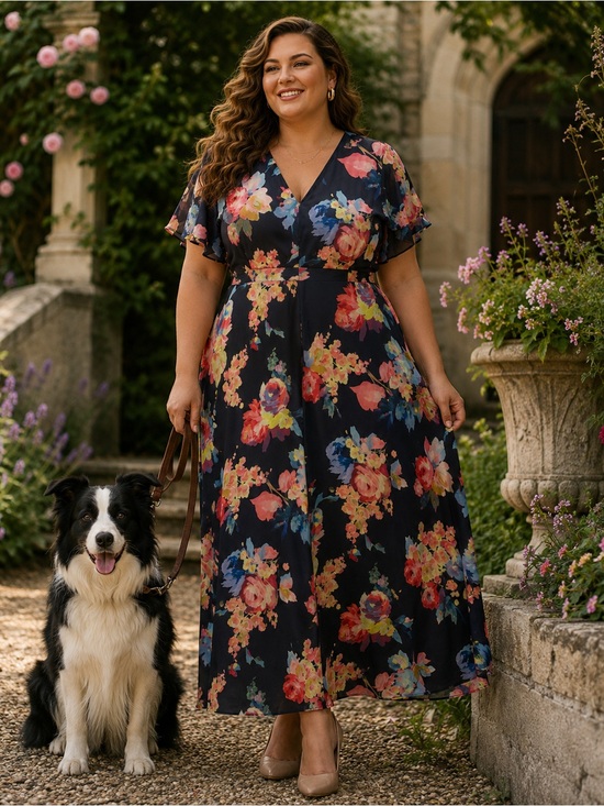 Adrianna Papell Pants - Adrianna Papell Navy Floral Flutter-Sleeve Jumpsuit